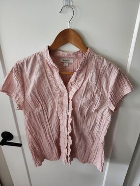 dressbarn Pink Ruffled Embroidered Floral Blouse